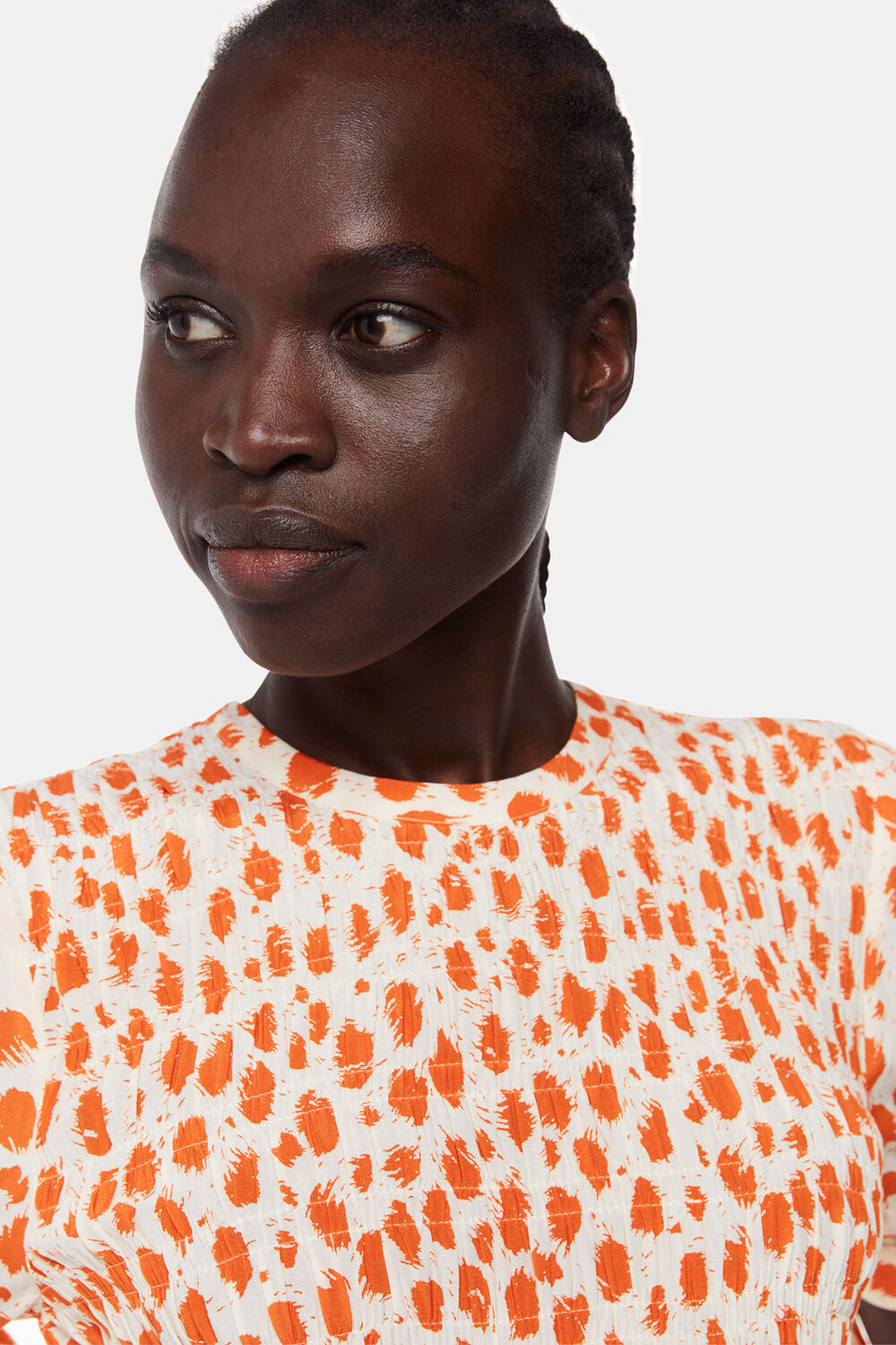 Spot Shirred Midi Dress